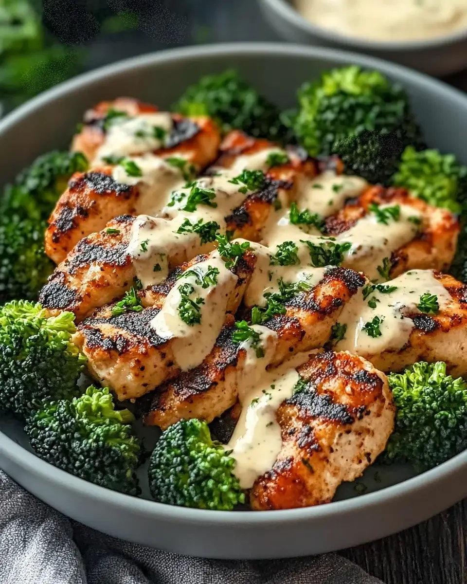 Grilled Chicken & Broccoli Bowls mit cremiger Knoblauchsauce!