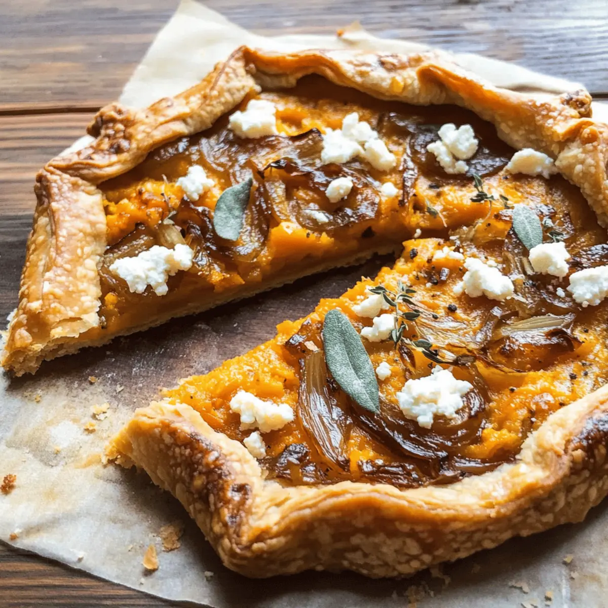 Der Ausgang: Kürbis-Galette mit Zwiebeln und Ziegenkäse