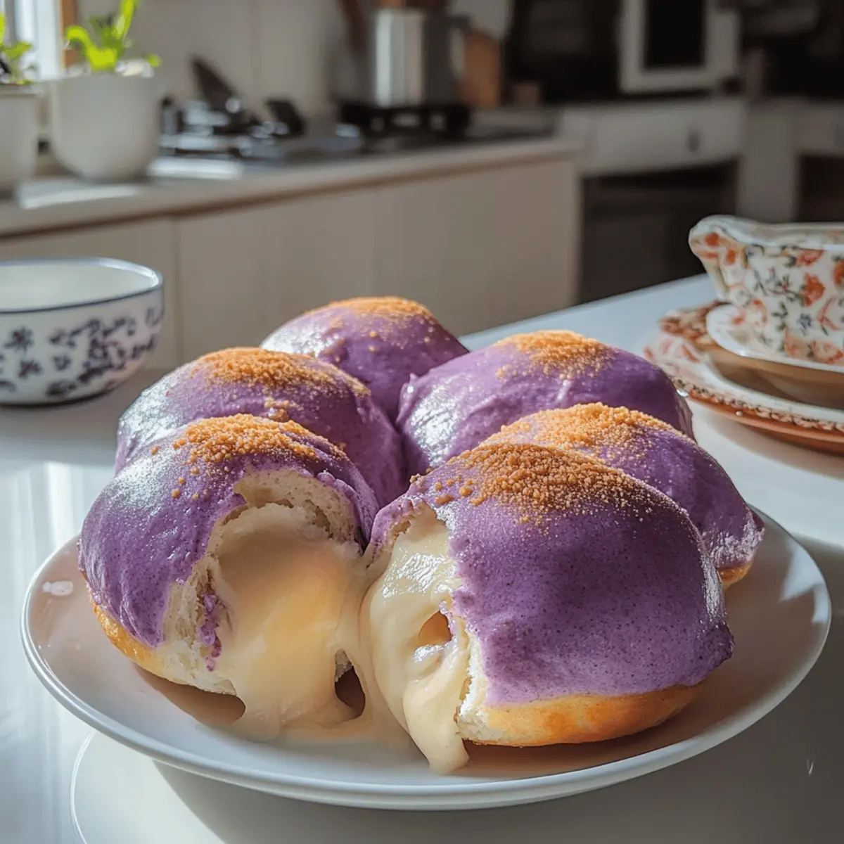 Ube Pandesal mit schmelzendem Käsefüllung