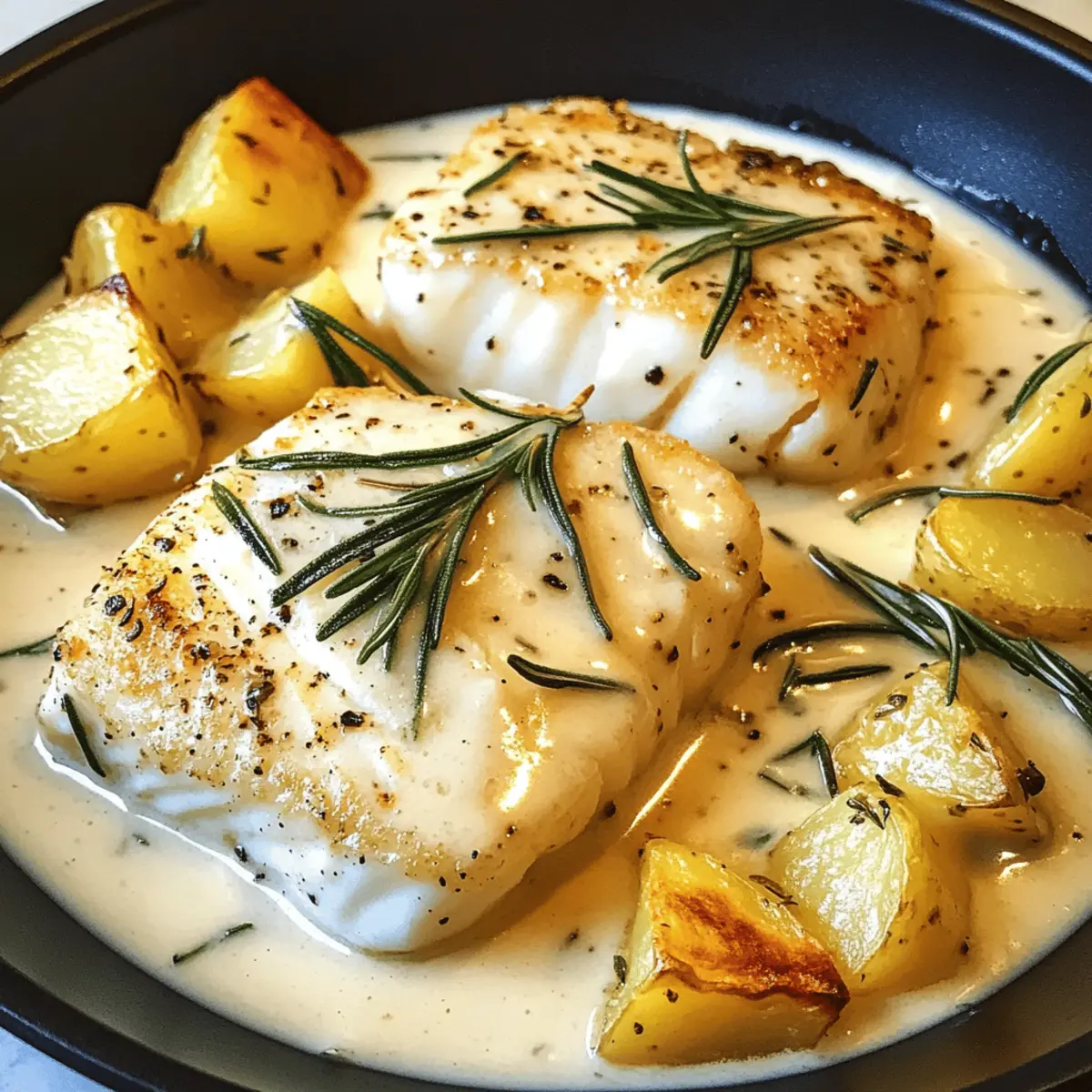 Kabeljau mit Kartoffeln in Rosmarin-Sahnesauce