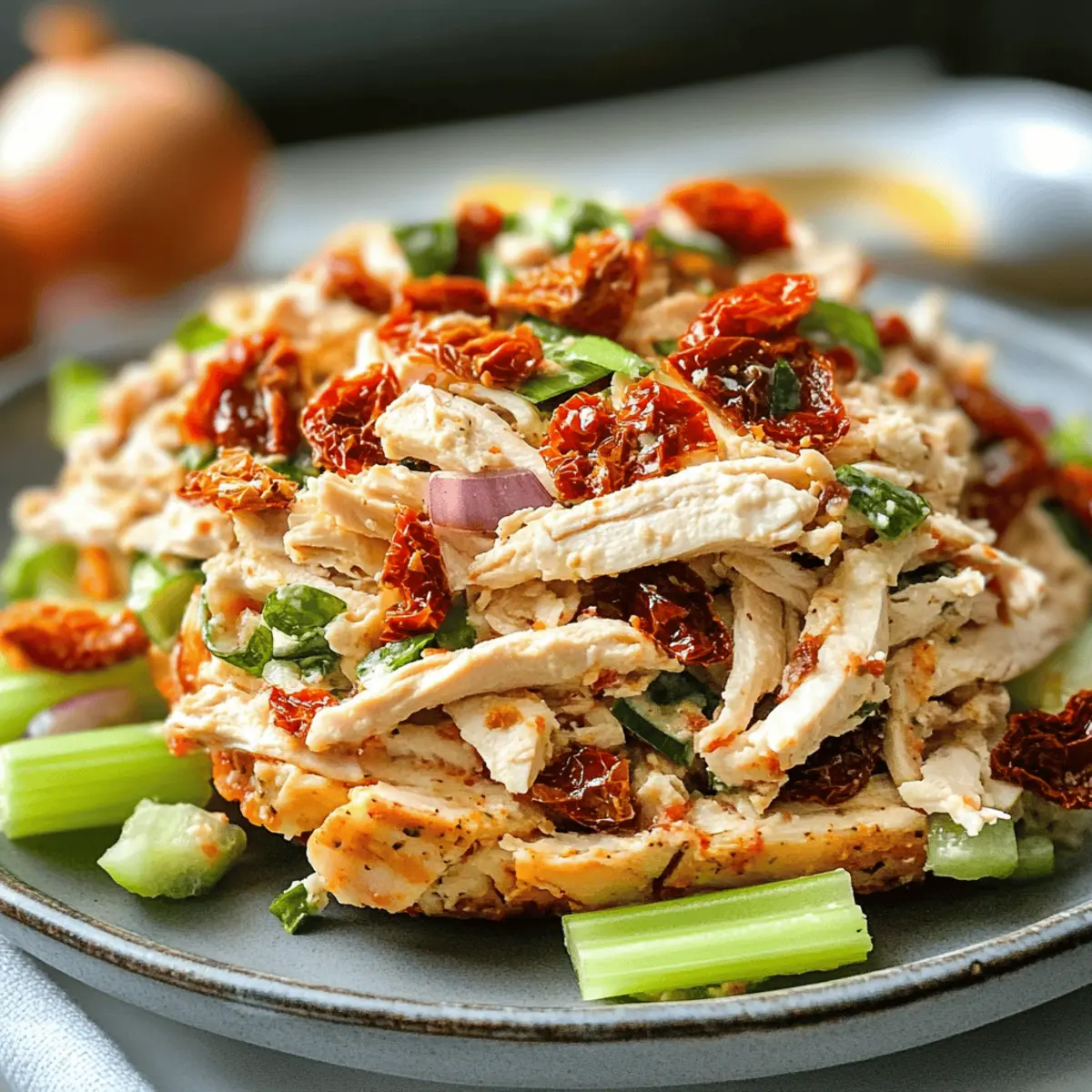 Der Ausgang: Gesunder Sonnengetrockneter Tomaten-Hähnchensalat
