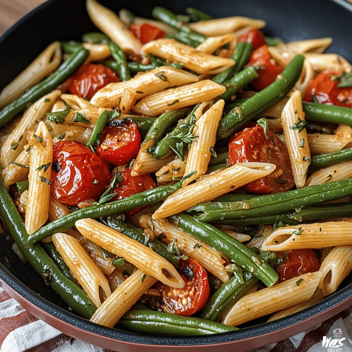 Geröstete grüne Bohnen und Tomaten Pasta