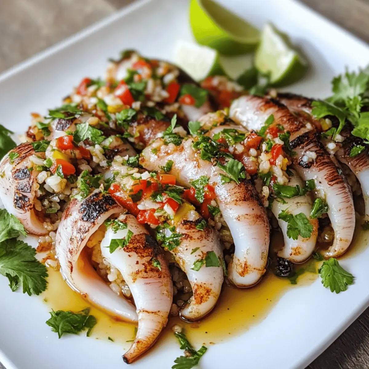 Gegrillter gefüllter Tintenfisch mit würziger Reisfüllung