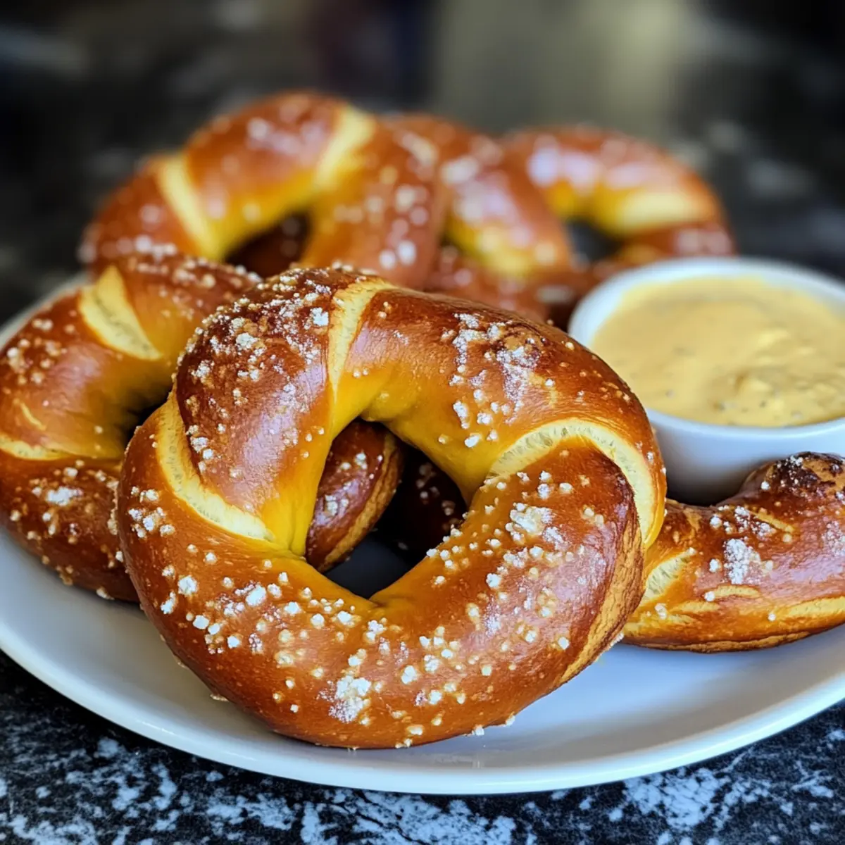 Authentische deutsche Brezeln mit Käsesoße