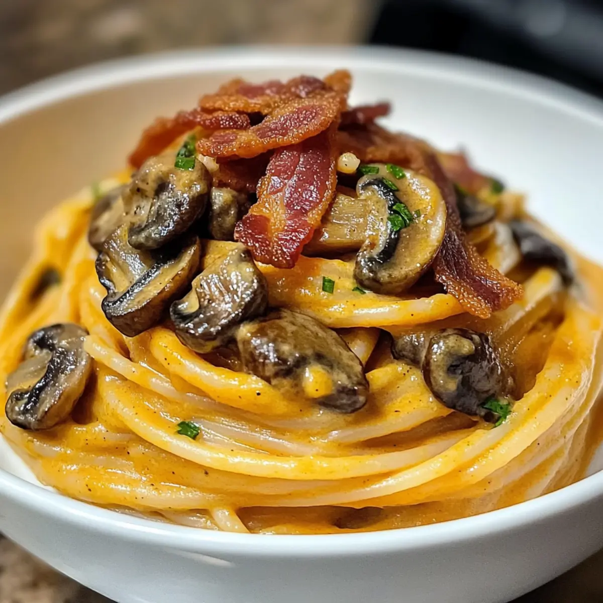 Kürbis und Pilz Spaghetti mit knusprigem Bacon