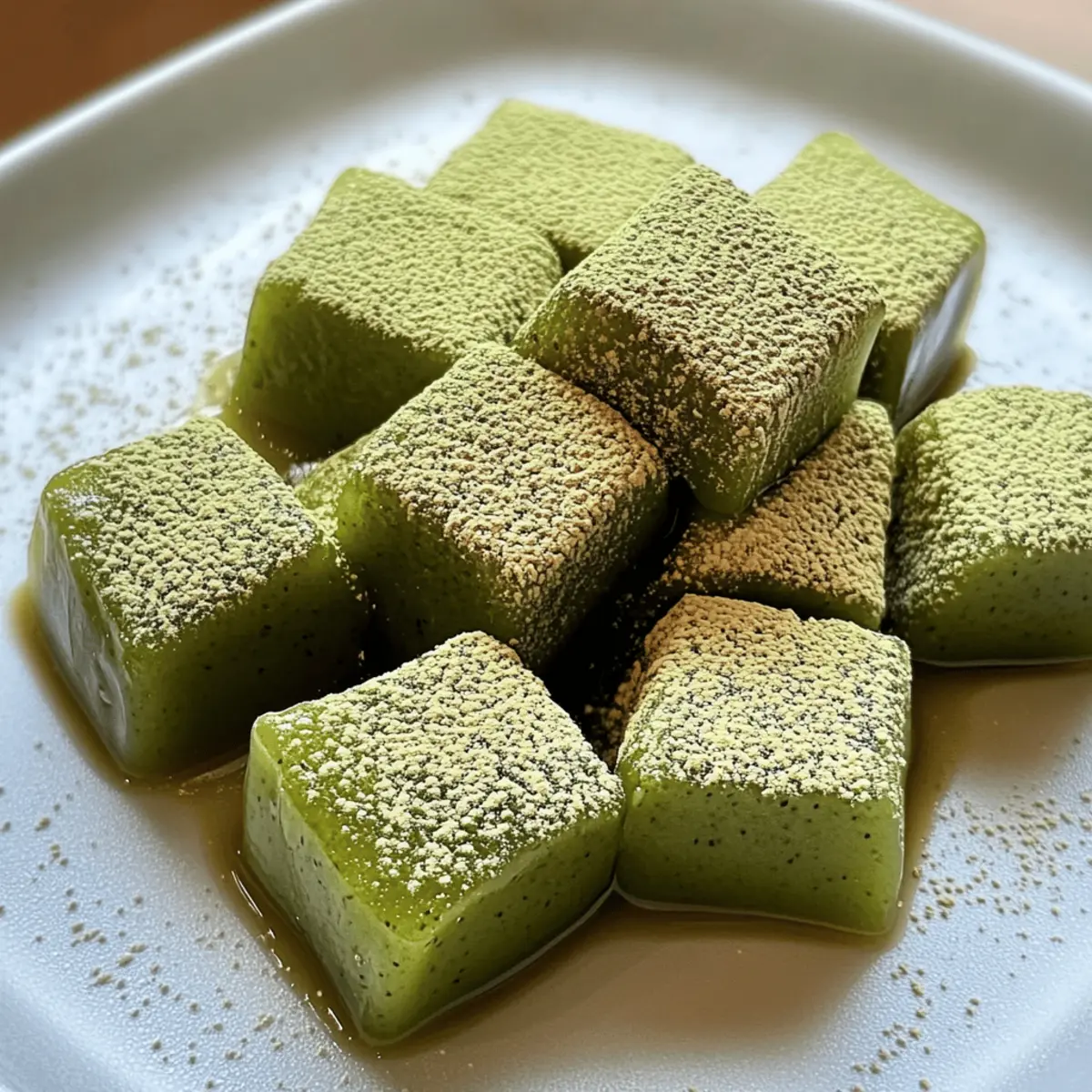 weiche und zähe Matcha Warabi Mochi mit Sirup