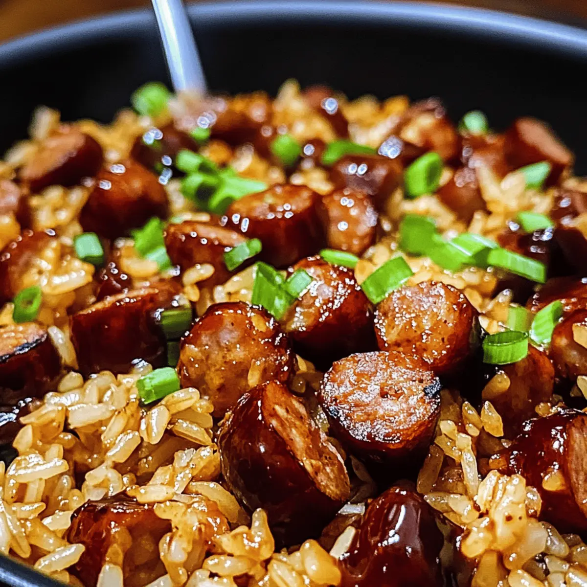 Süß-saurer BBQ Wurstreis aus einer Pfanne