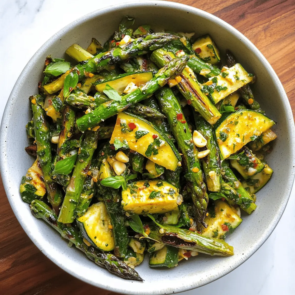 Grüner Salat mit gegrilltem Spargel und Zucchini