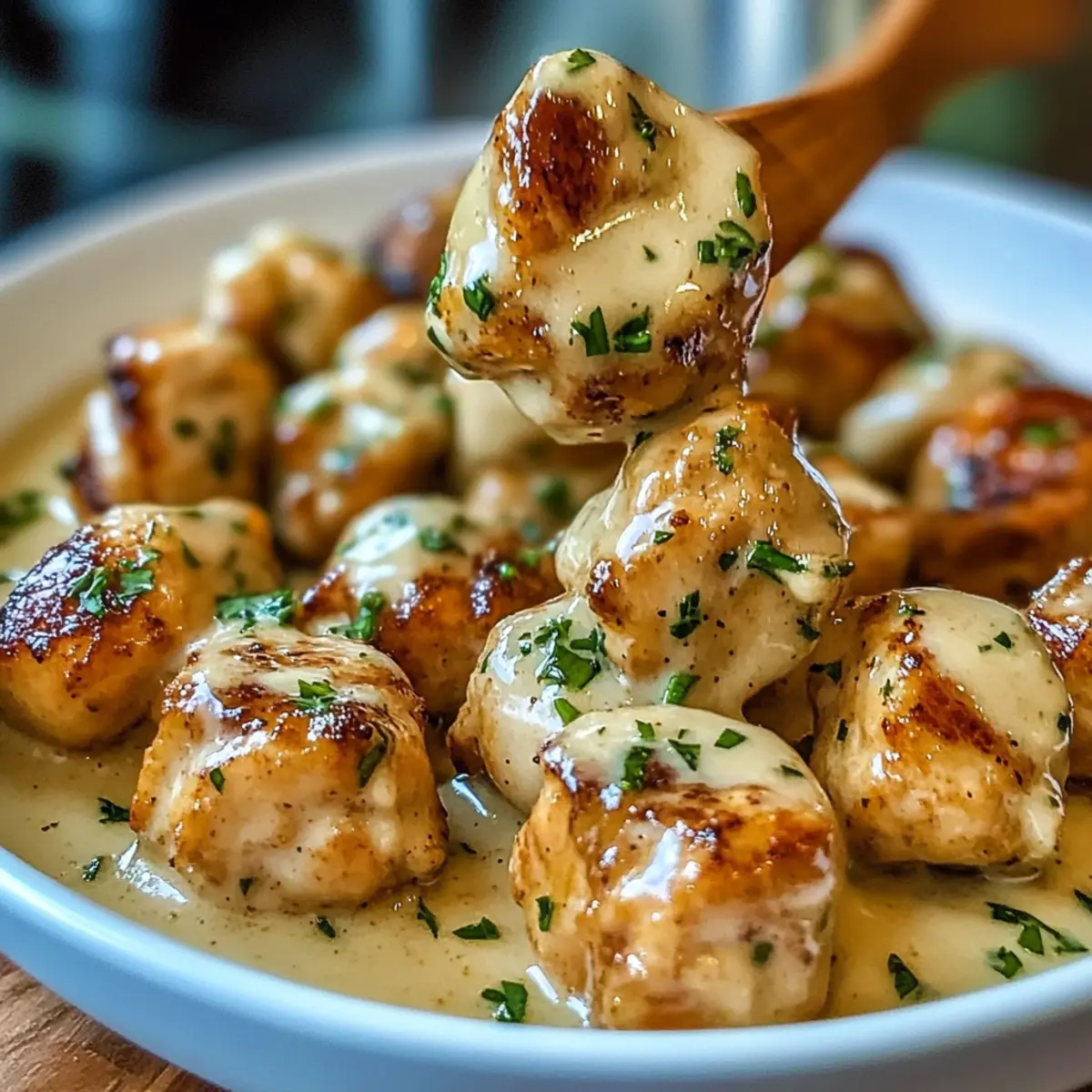 Cremige Knoblauchsoße mit gegrillten Hühnchenbissen