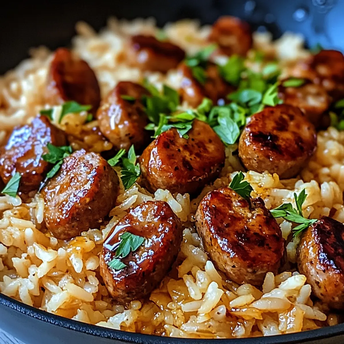 Ein-Pfannen-Cajun-Honig-Knoblauch-Wurst & Reis Genuss
