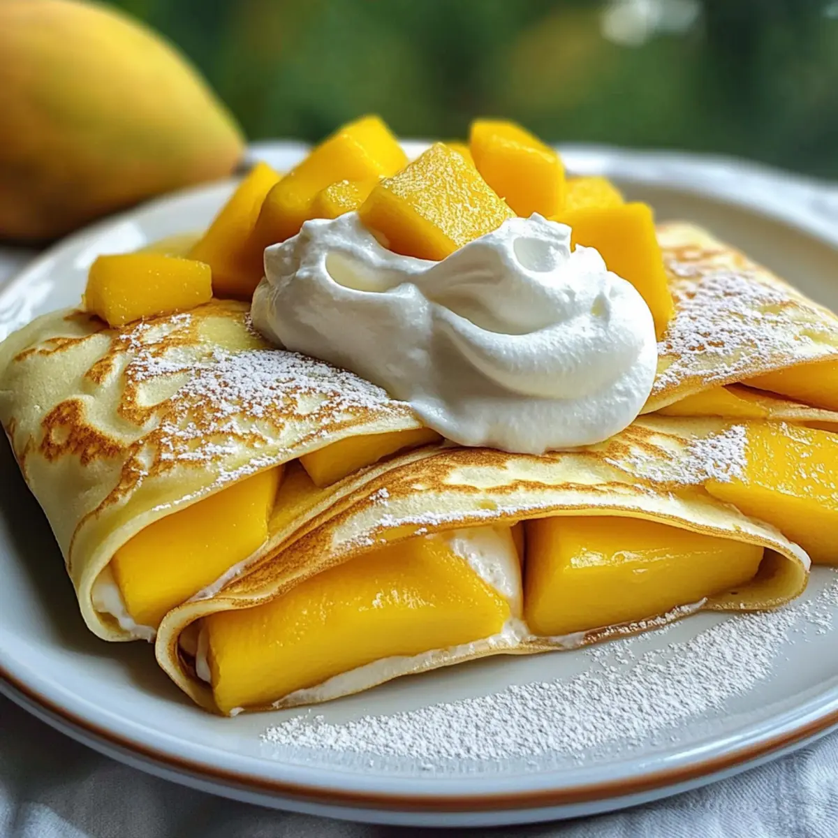 Mango-Pfannkuchen mit Sahne und frischen Mangostücken