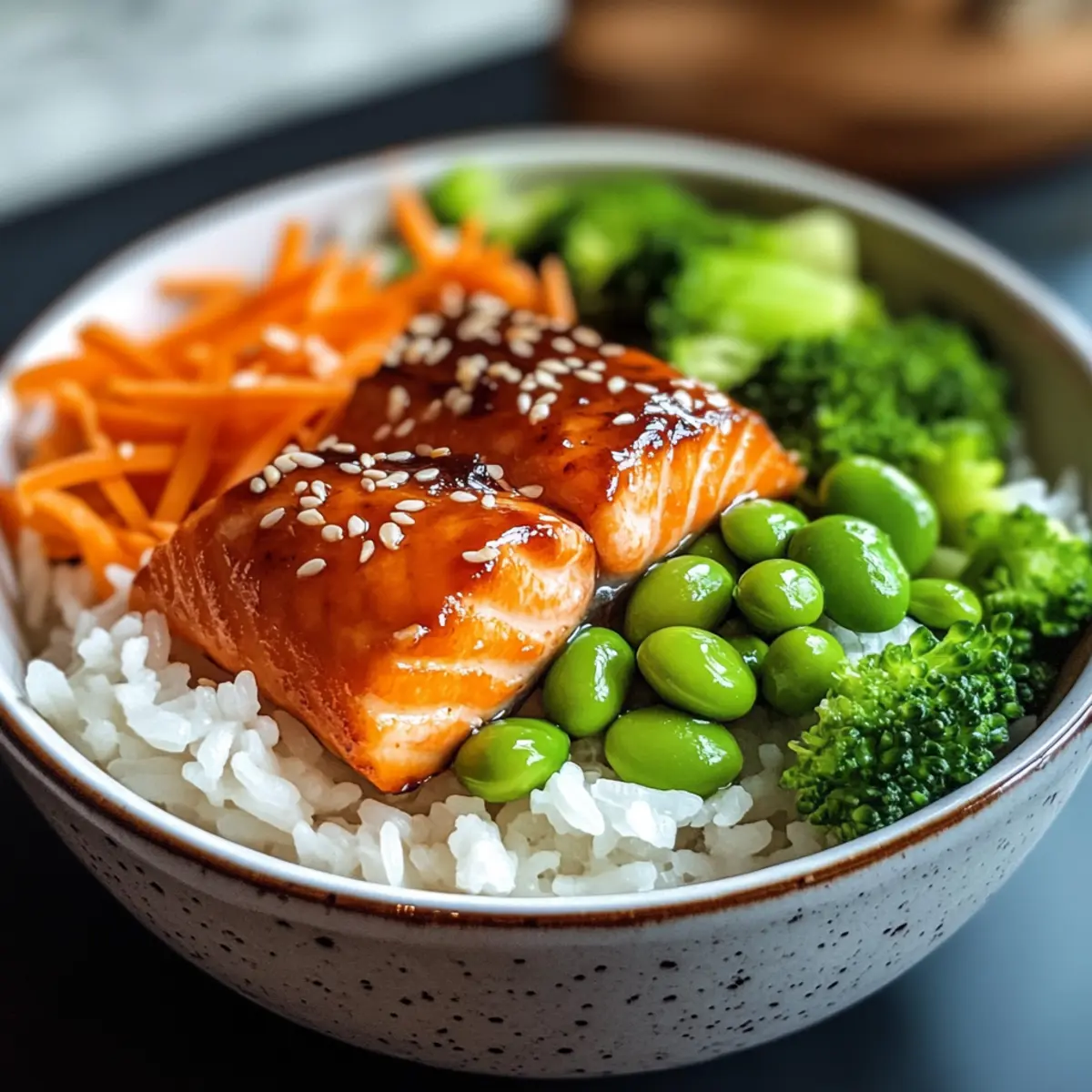 Krustiger Lachs und Reis Schüssel für schnelles Abendessen