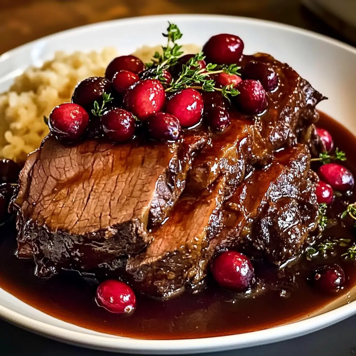 Langsam geschmortes Rinderbraten mit Preiselbeer-Balsamico-Glasur