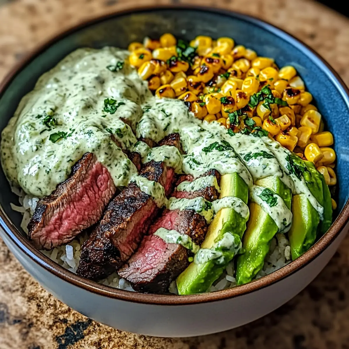 Steak, Avocado und gerösteter Mais Bowl mit Koriander-Cremesauce
