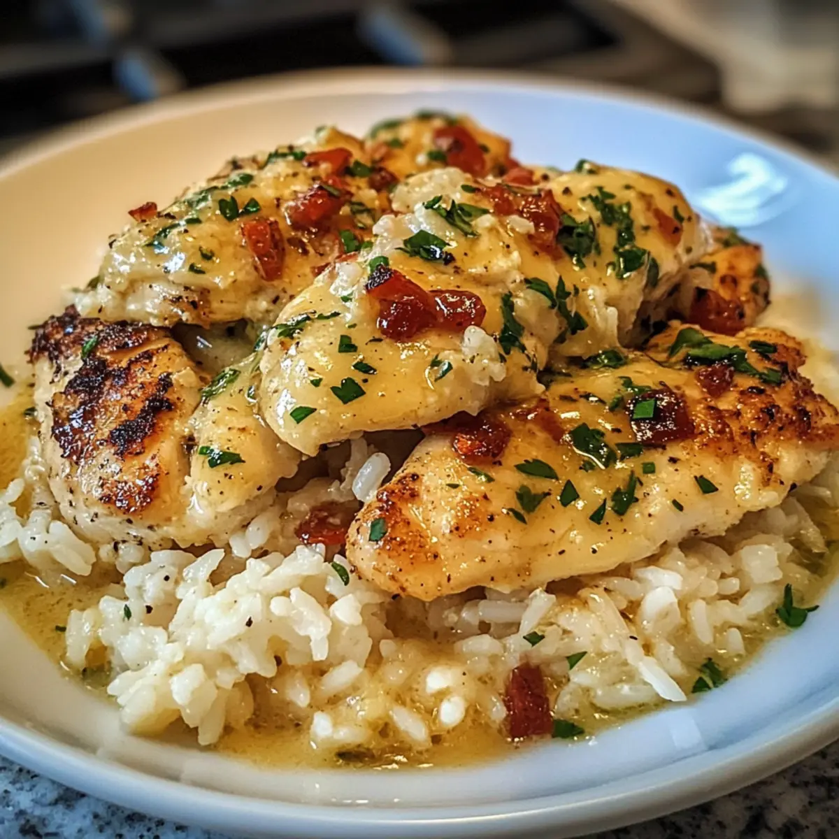 Hühnchen Scampi mit Knoblauch Parmesan Reis genießen