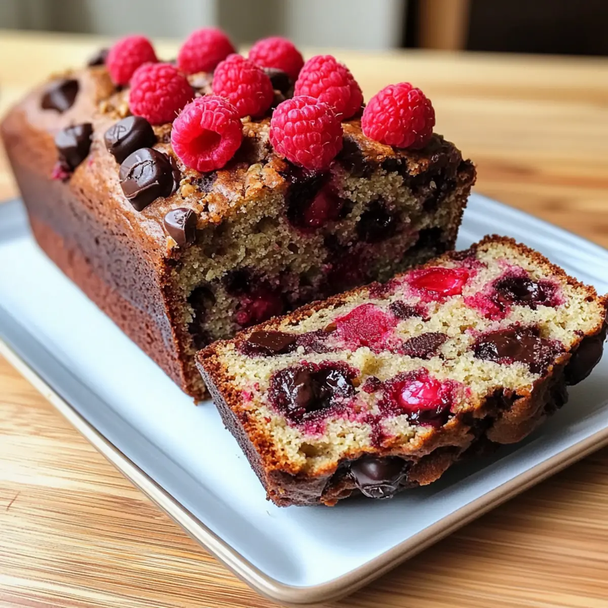 Dunkle Schokoladen-Bananenbrot mit Himbeeren