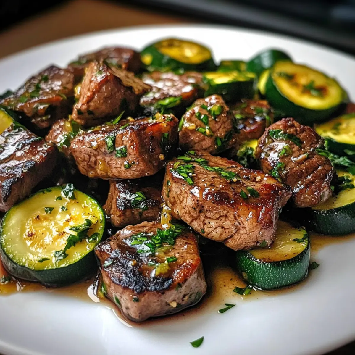 Knoblauchbutter Steakstücke mit Zucchini in 15 Minuten