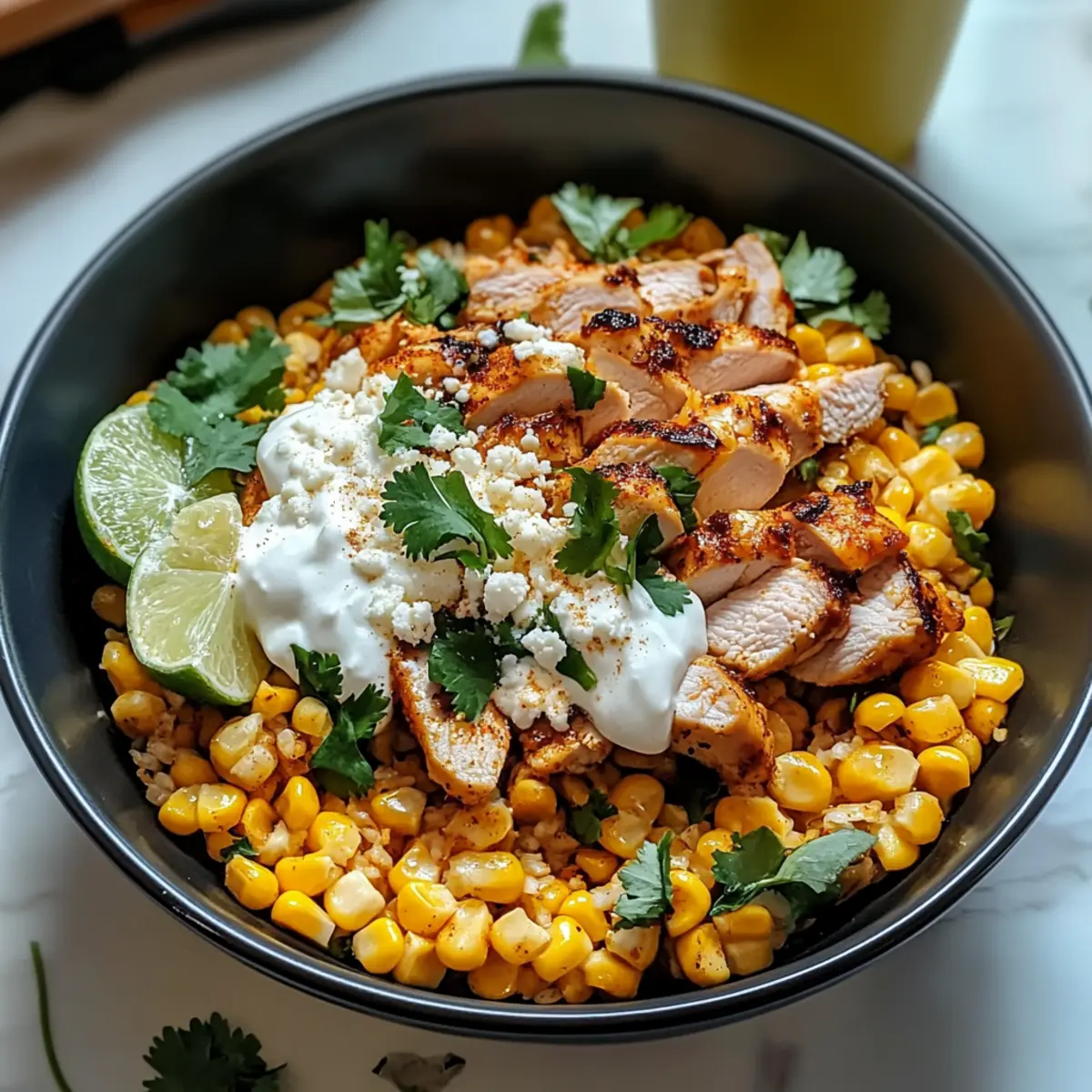 Mexikanische Straßenmais-Hühnchen-Schüssel genießen