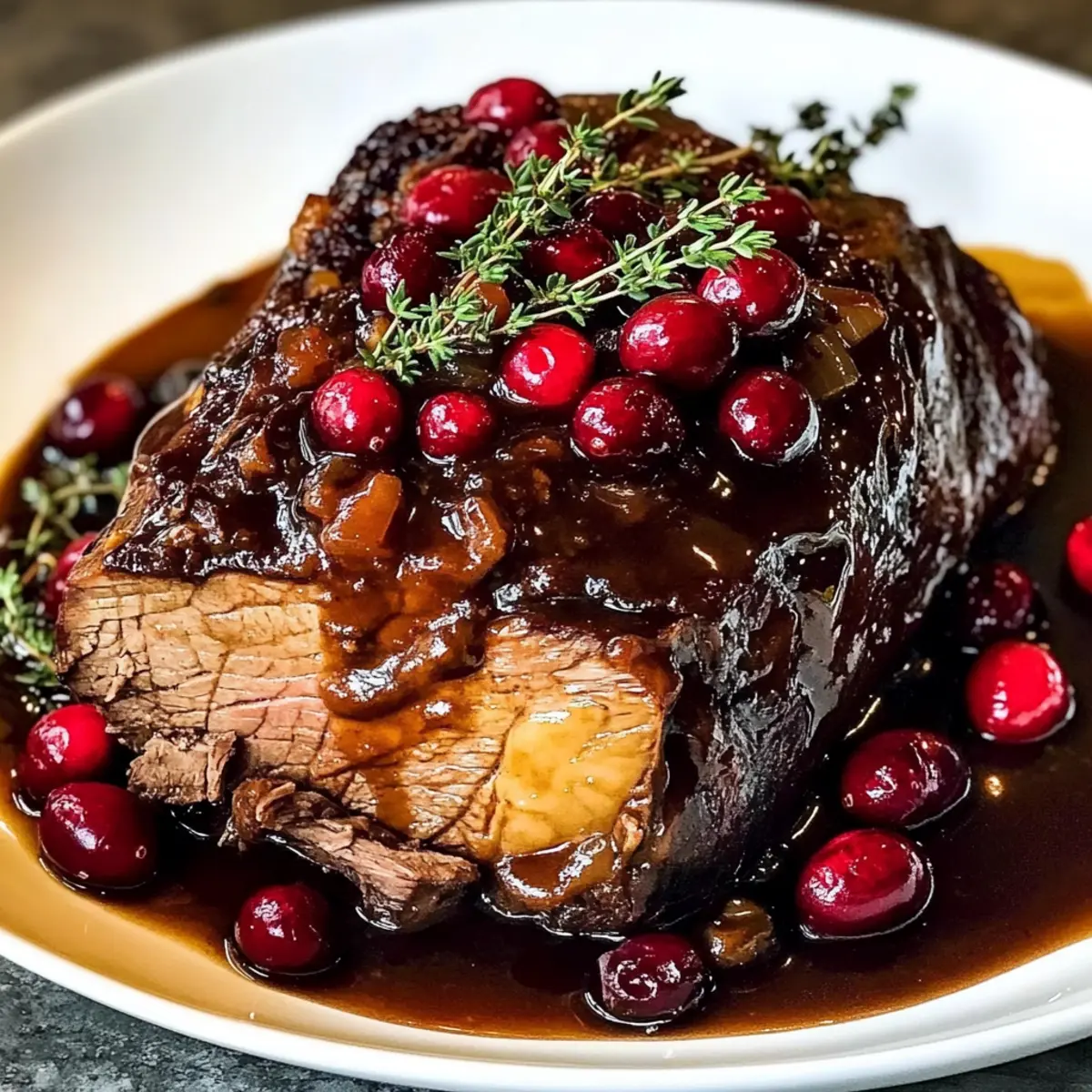 Langsam geschmorter Rinderbraten mit Cranberry-Balsamico-Glasur