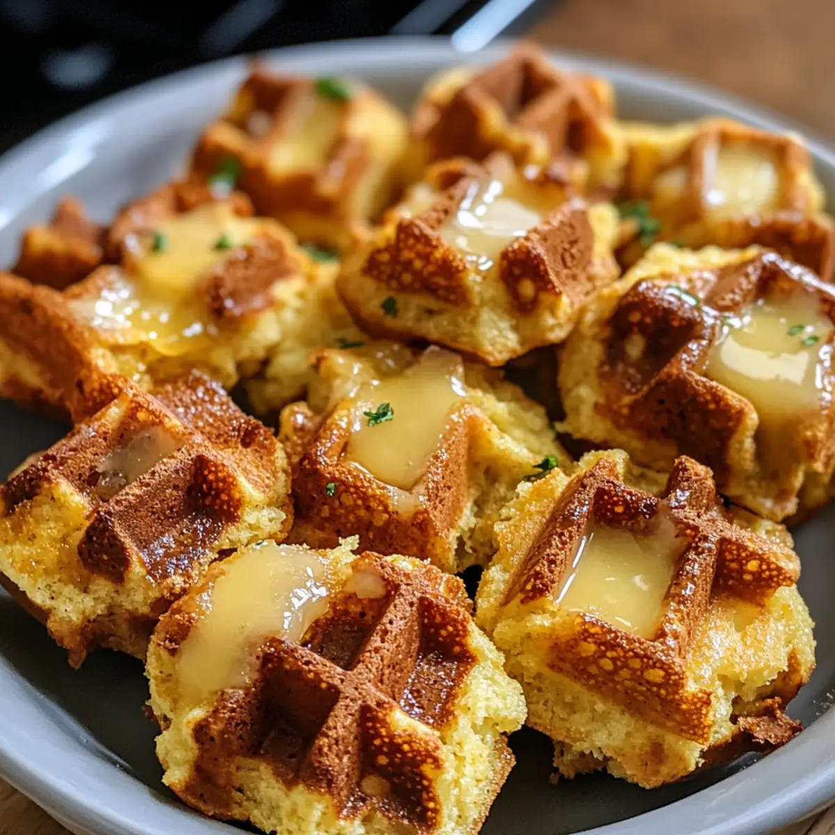 Maisbrot Waffel Bissen mit geräuchertem Gouda und Honig