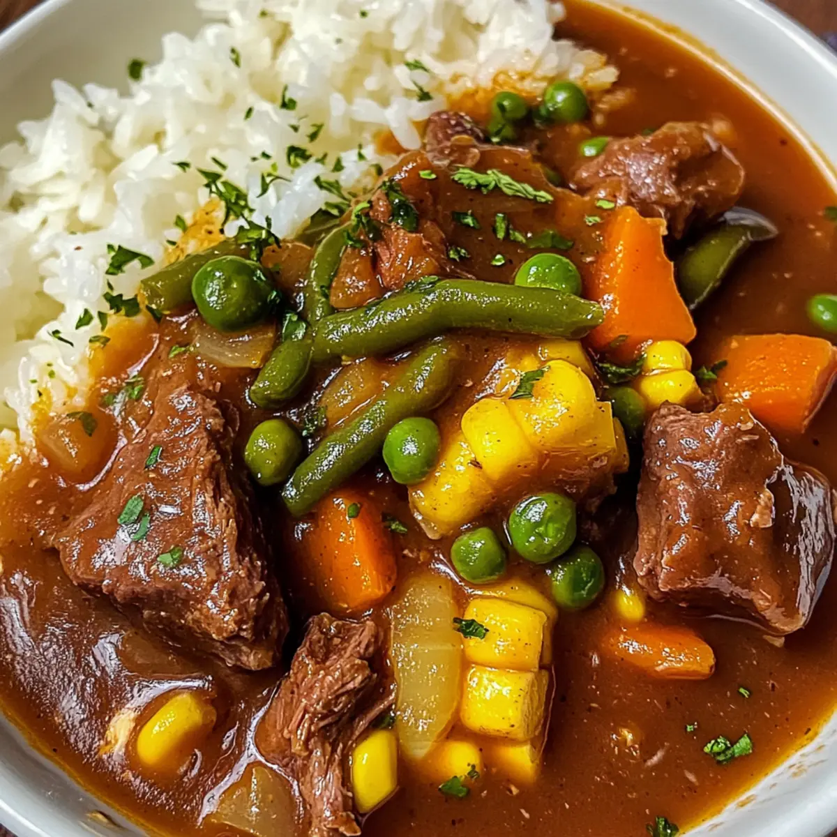 Herzhafter Rindfleischeintopf Schüssel mit Reis