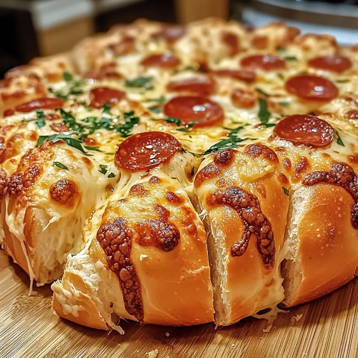 Zupfbrot Pizza mit Käse und Peperoni