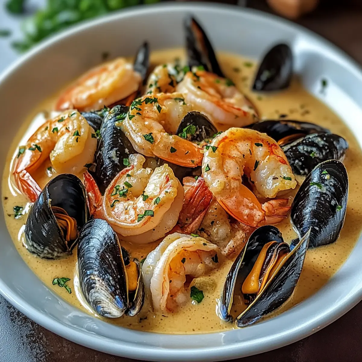Herzhafte Garnelen und Muscheln in Knoblauchsoße