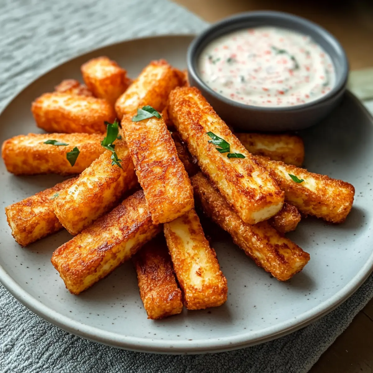 Luftgebackene Halloumi-Pommes mit würzigem Joghurt-Dip