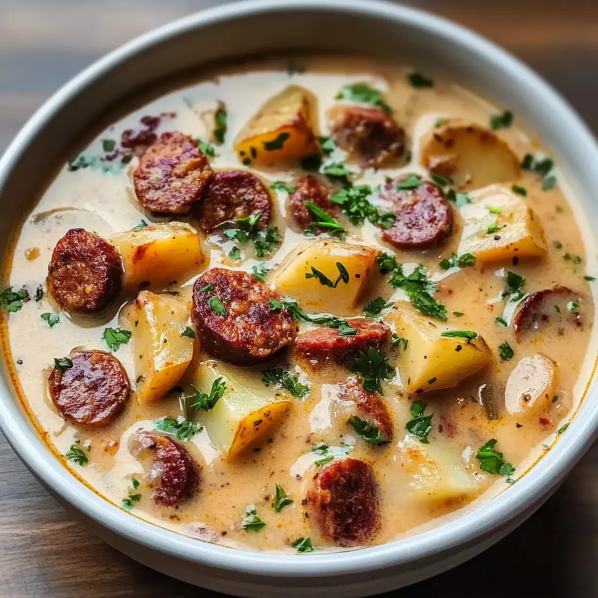 Käsepüree-Suppe mit Andouille-Wurst genießen