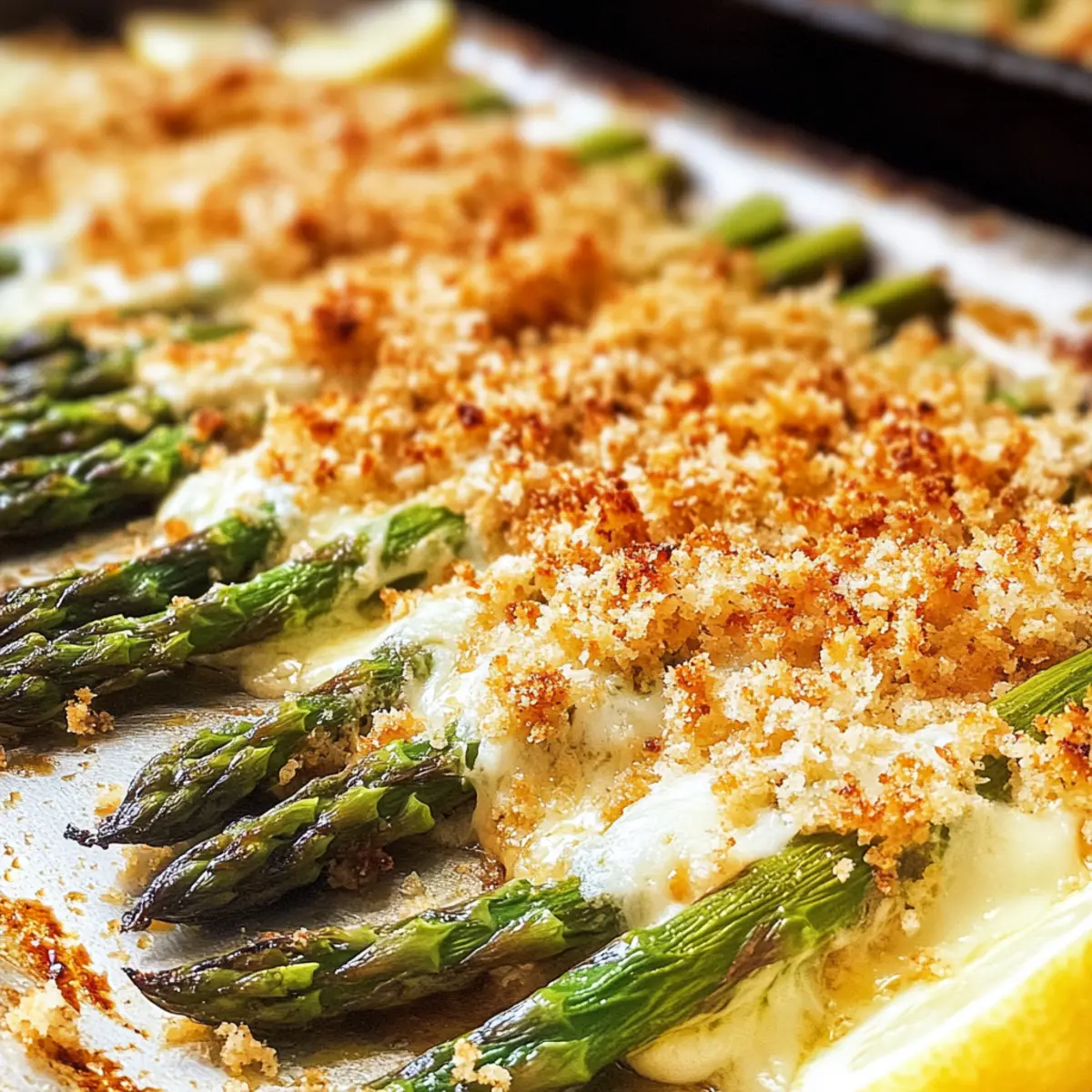 Käseüberbackener Spargel mit knusprigen Bröseln