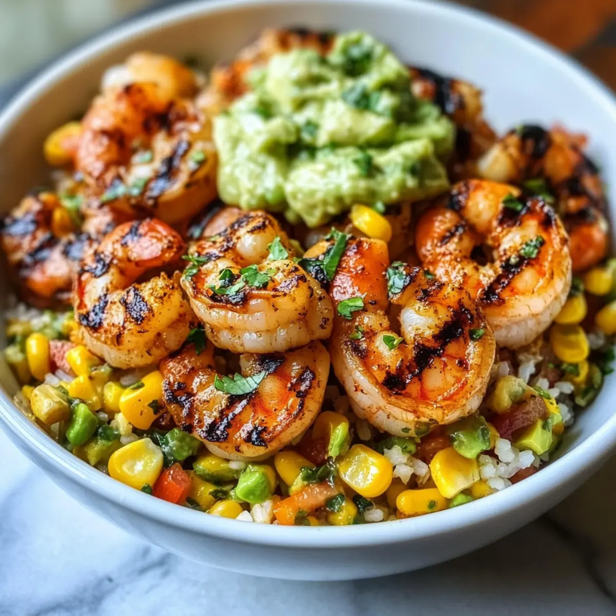 Gegrillte Garnelen Schüssel mit Avocado-Mais-Salsa
