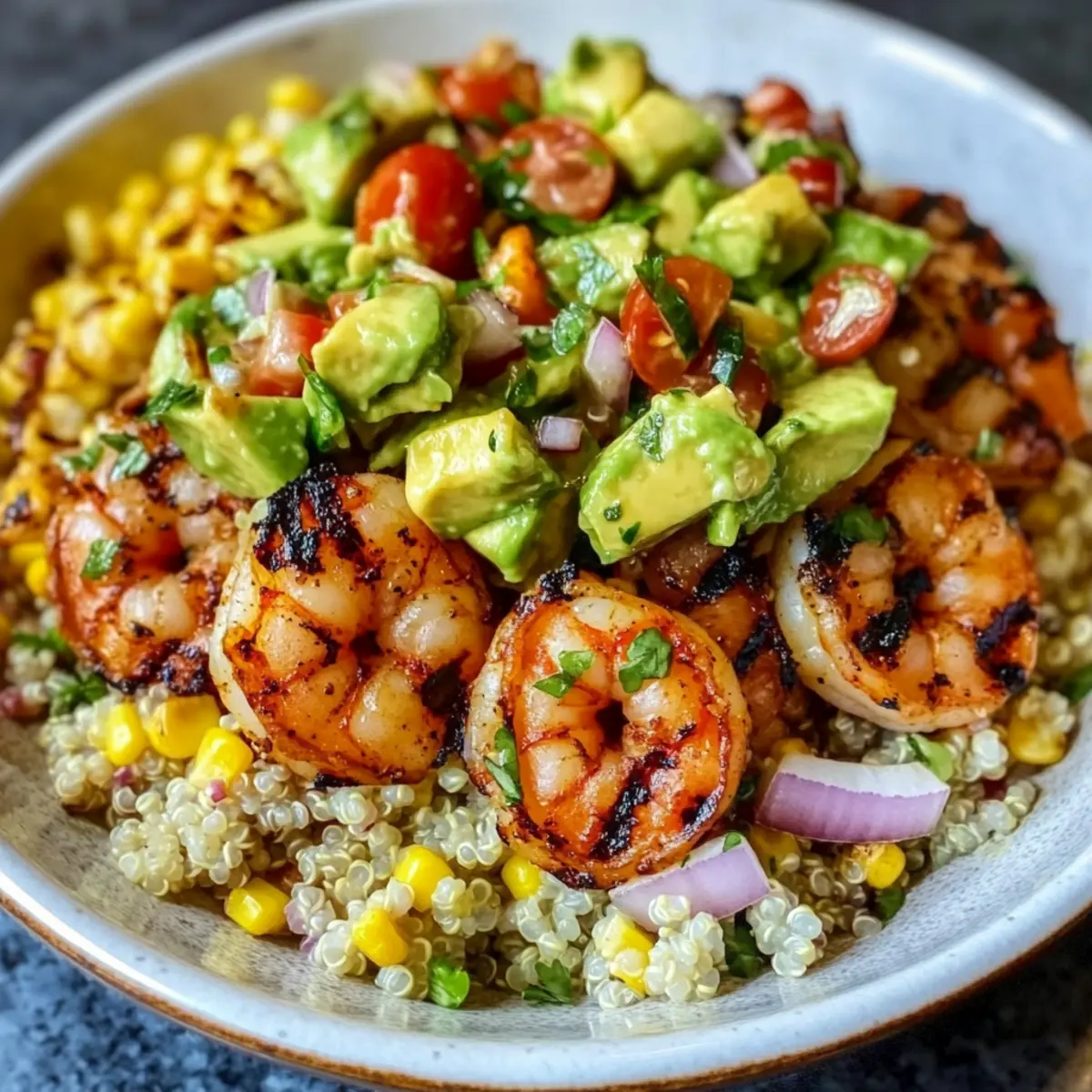 Gegrillte Garnelen Schüssel mit Avocado-Mais-Salsa Rezept