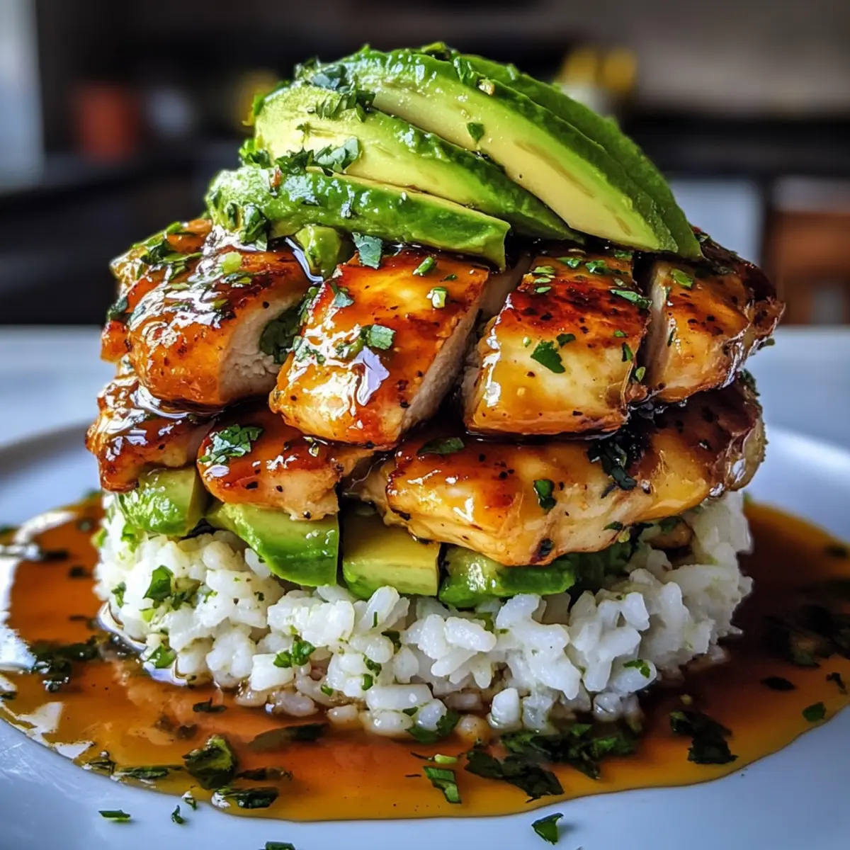 Honig-Limetten-Hähnchen und Avocado-Reis-Stapel genießen