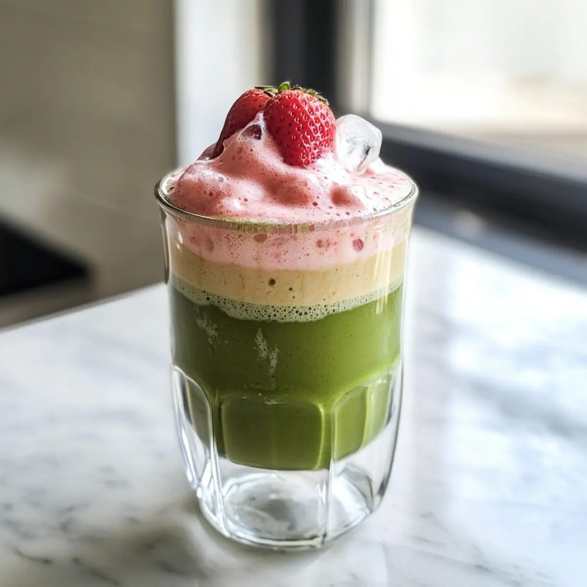 Eisiger Matcha Latte mit Erdbeer-Kalt-Schaum