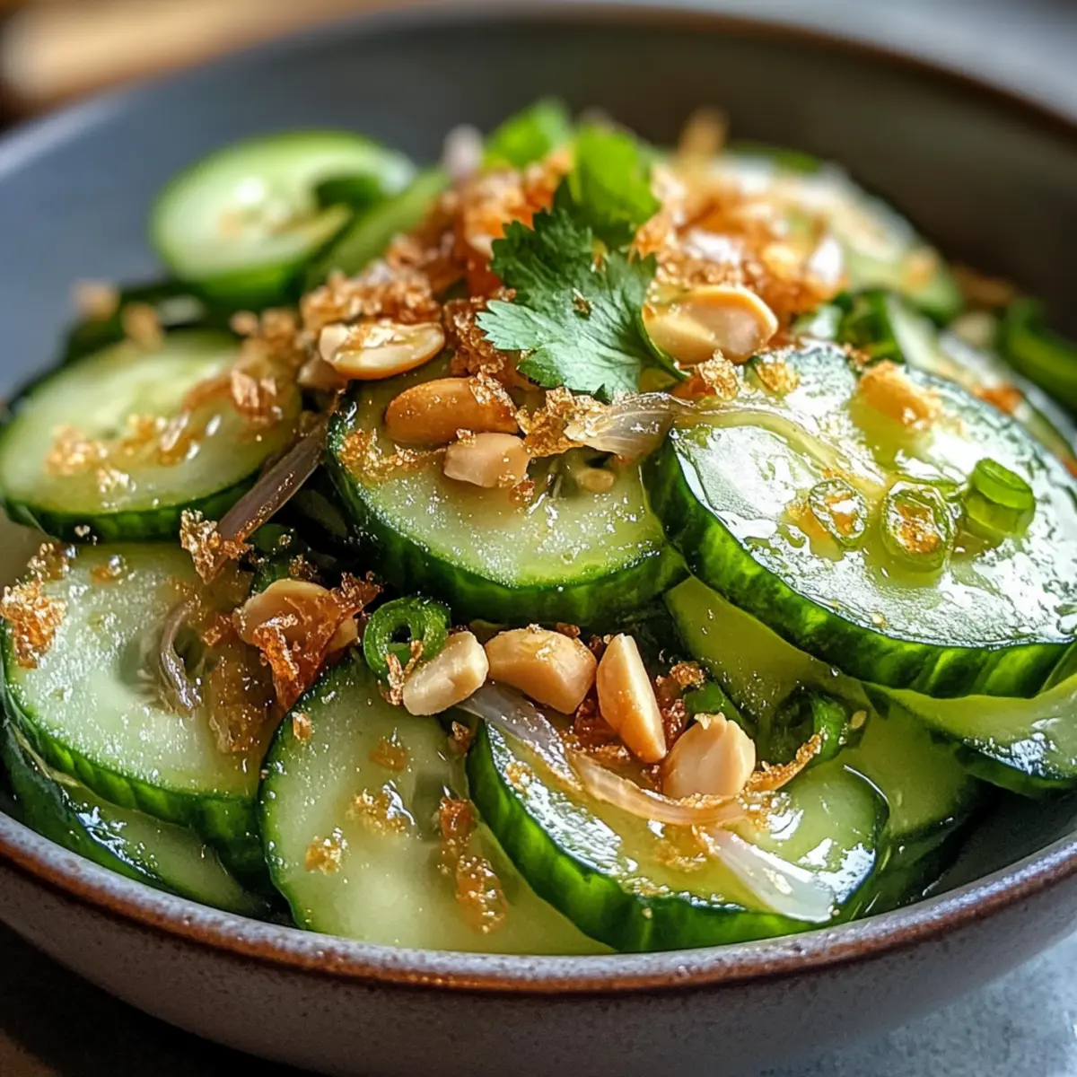Erfrischender Miso Gurkensalat mit knusprigen Schalotten