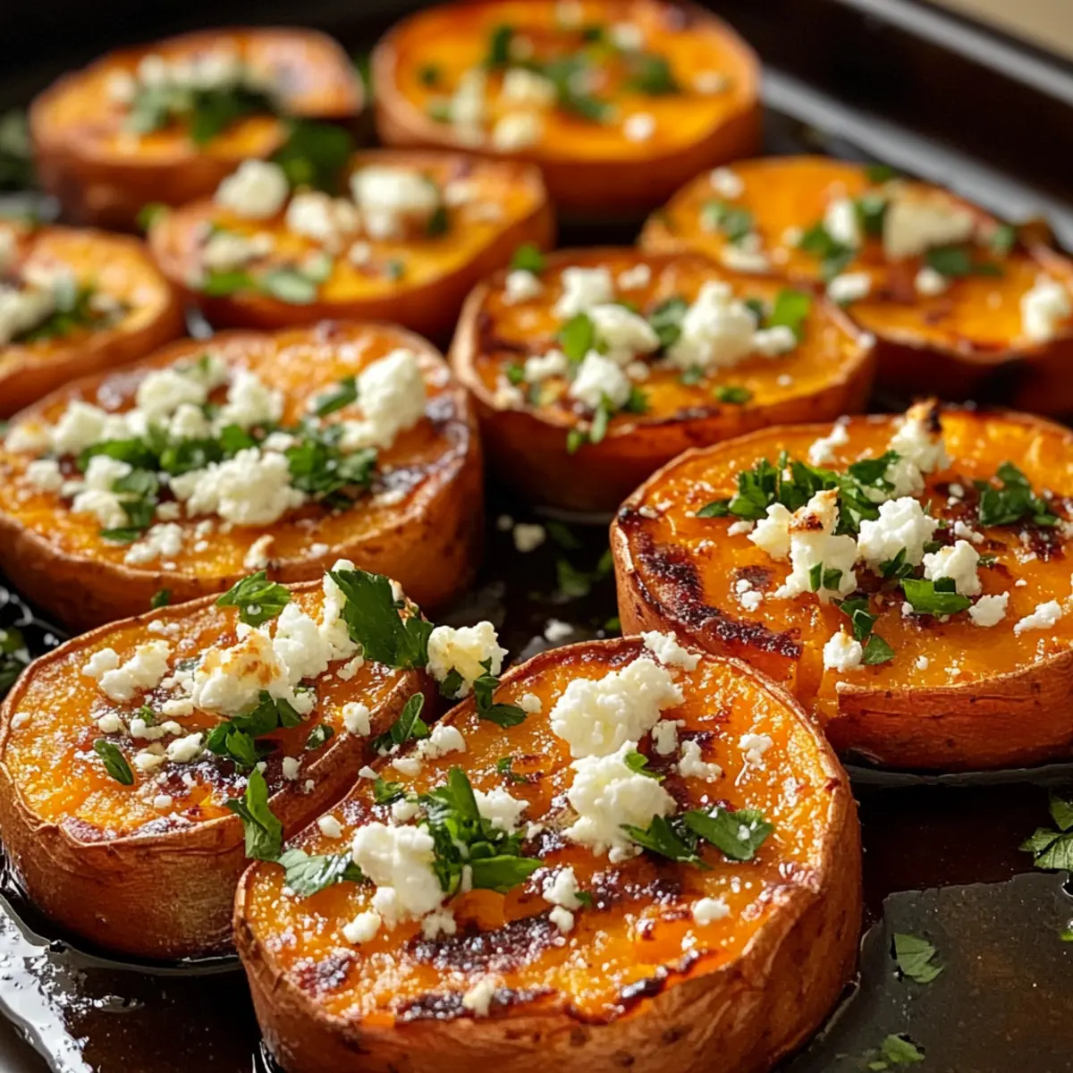 Geröstete Süßkartoffelrunden mit Honig und Feta