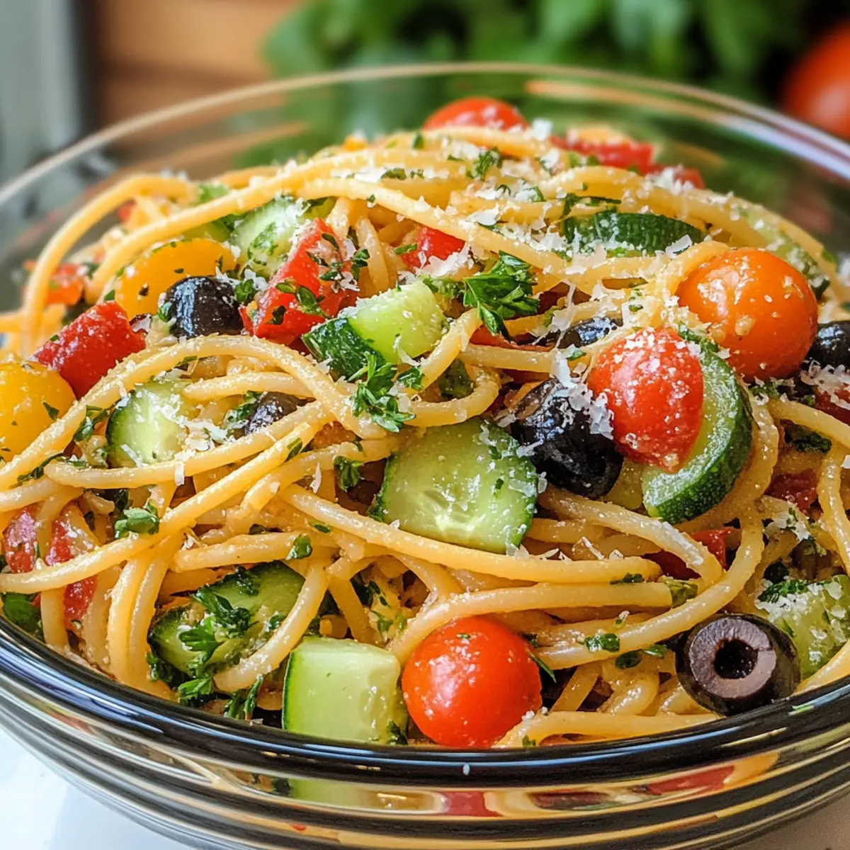 Frischer Spaghetti Nudelsalat mit buntem Gemüse