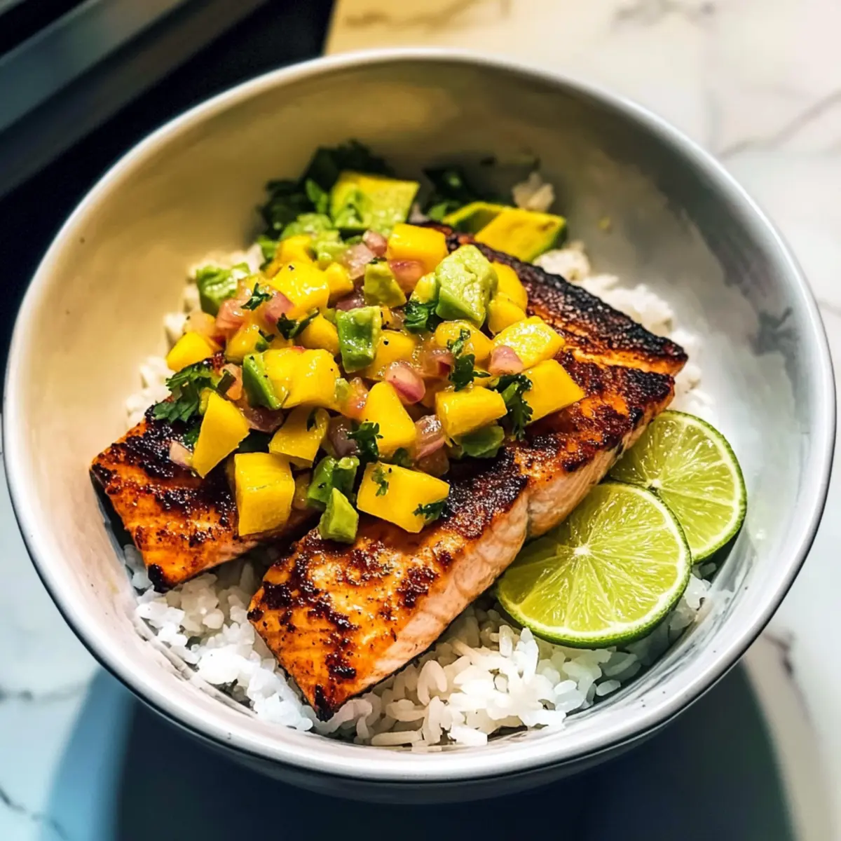 BBQ-Lachs-Schalen mit Mango-Avocado-Salsa schnell und gesund