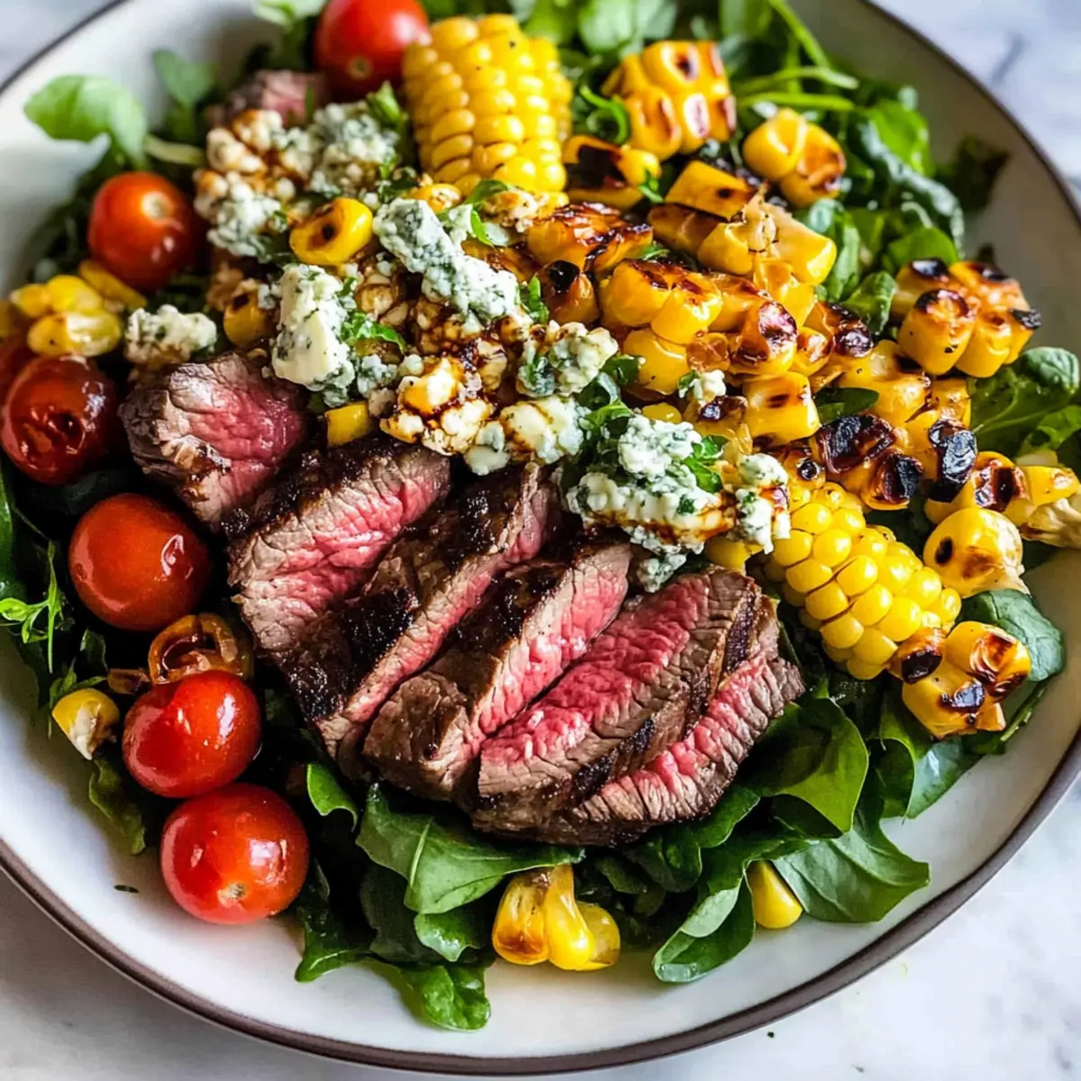 Balsamico-Rindersteak-Gorgonzola-Salat mit gegrilltem Mais