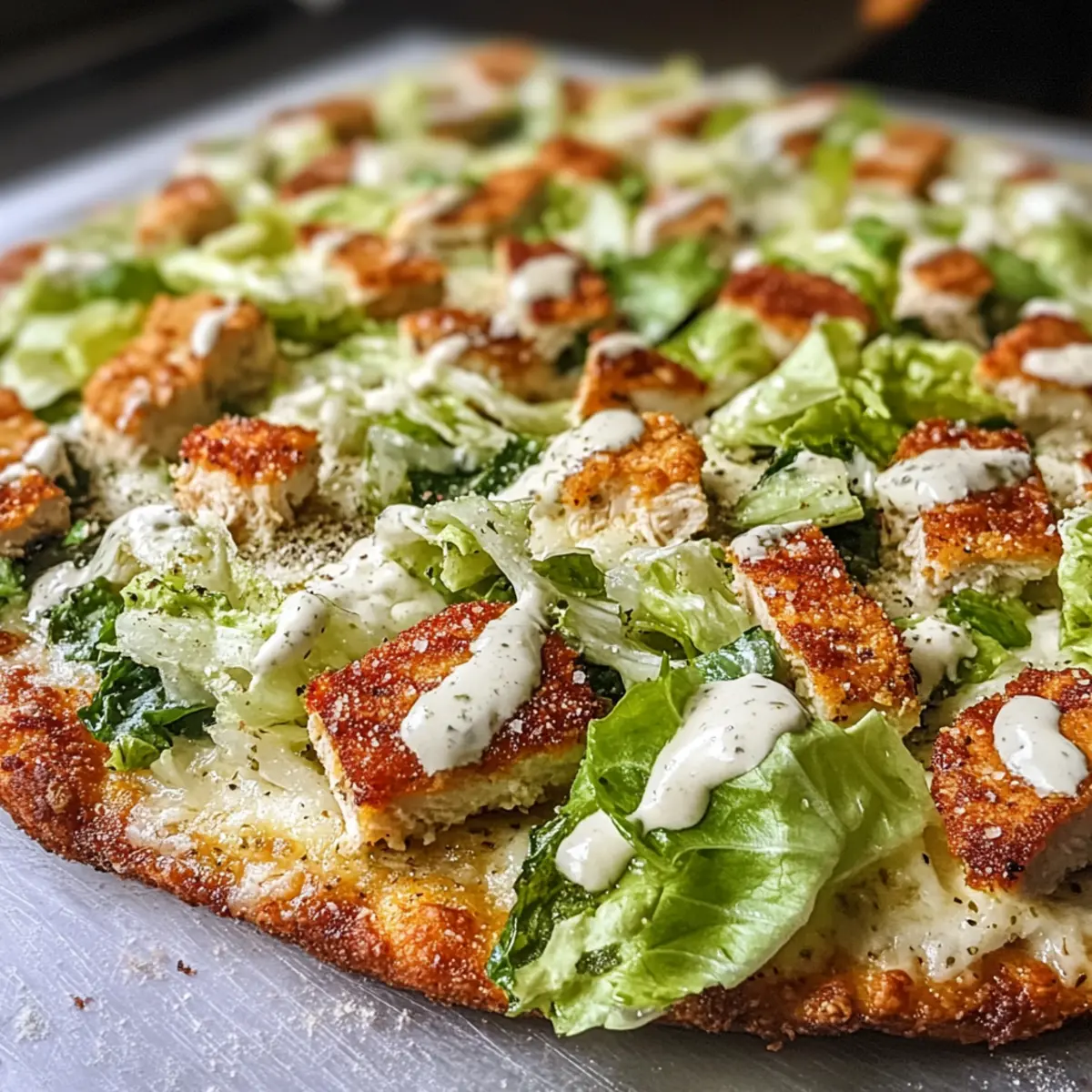 Hühnchenkrusten-Caesar-Salat-Pizza für Genuss ohne Reue