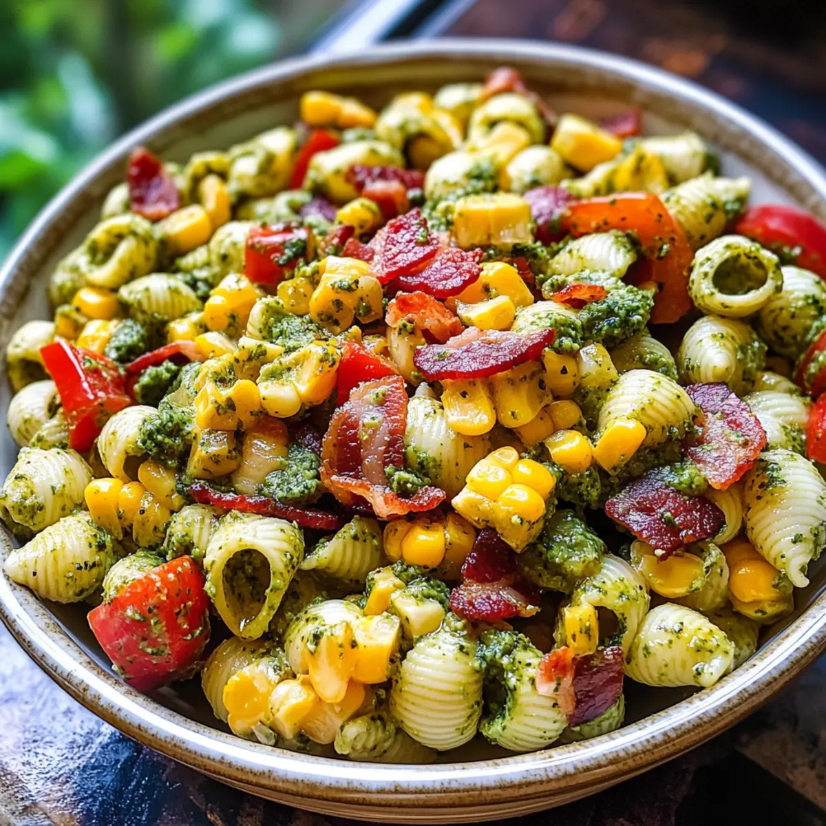 Maispasta-Salat mit Speck und cremigem Pesto-Dressing