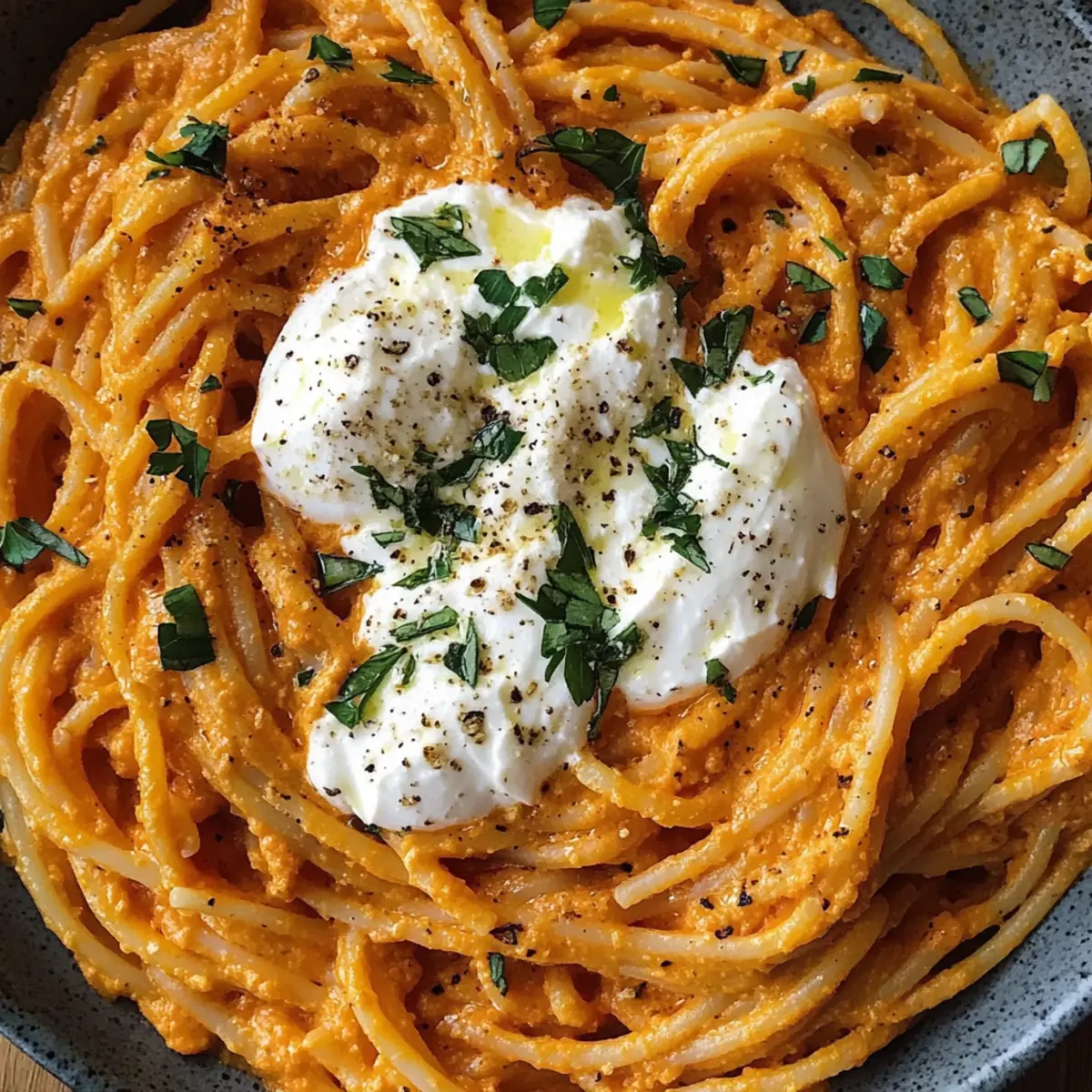 Cremige rote Paprika-Pasta mit Burrata und Kräutern