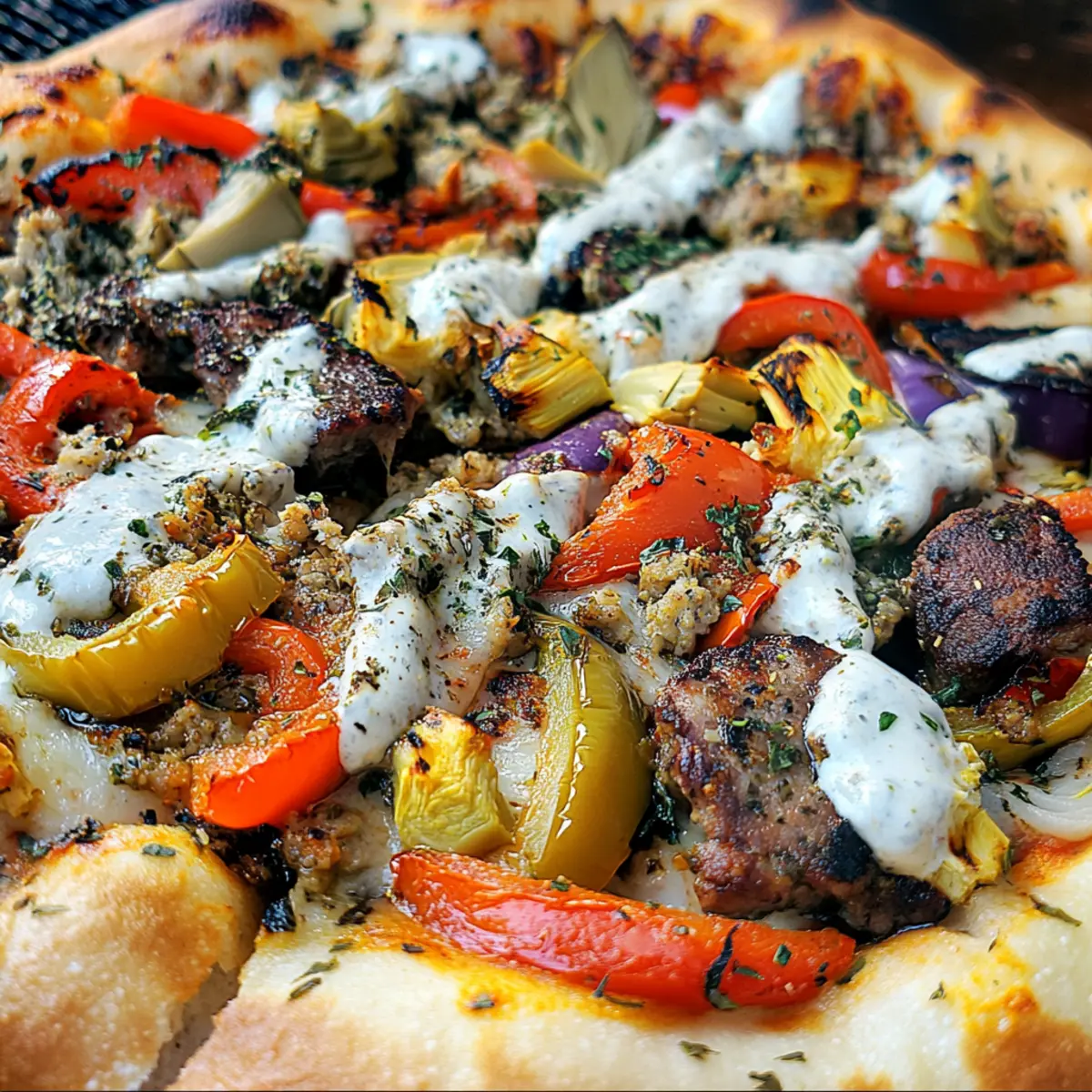 Gyro-Pizza mit Tzatziki-Drizzle für Genießer