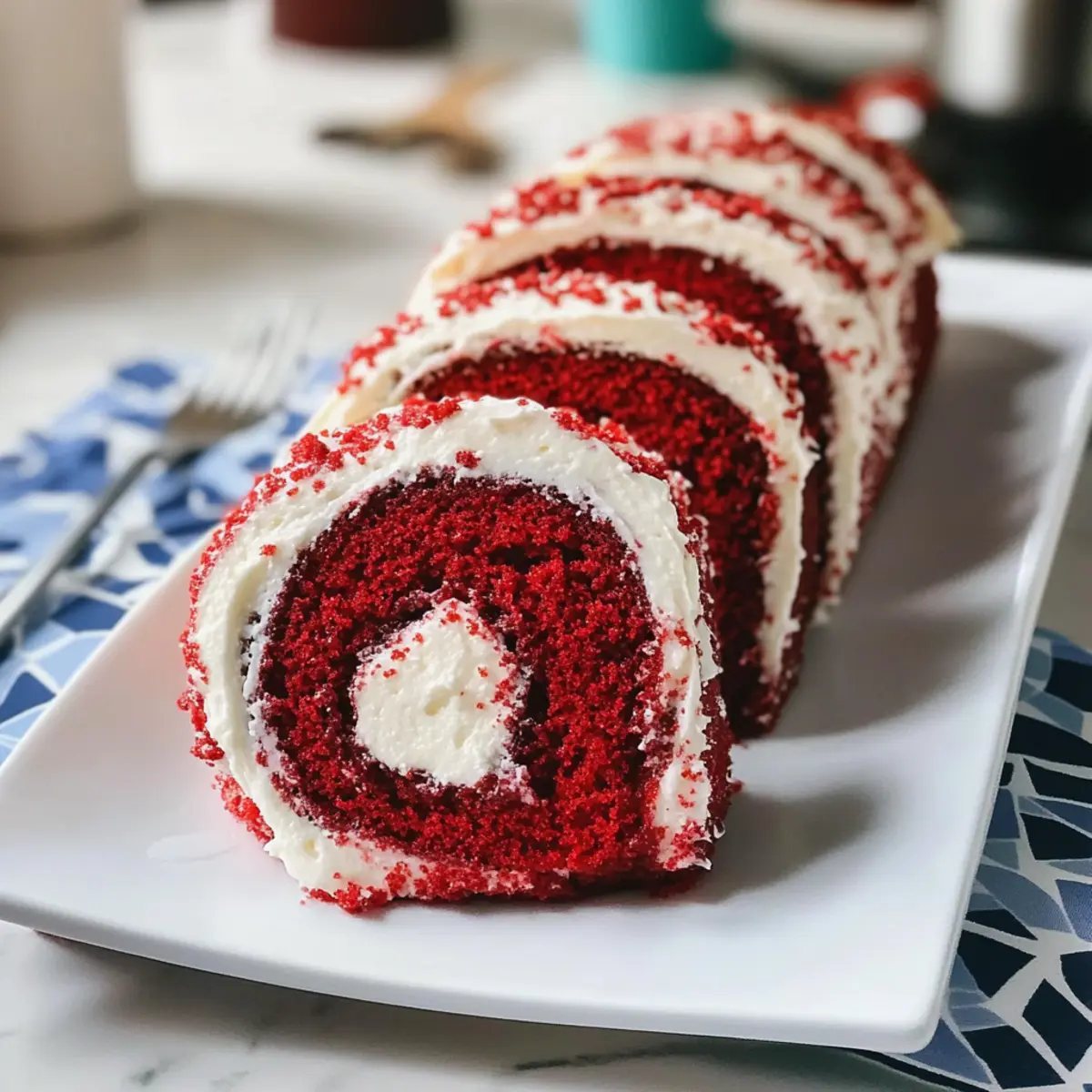 Rotvelvetkuchenrolle mit Frischkäsefüllung geniessen