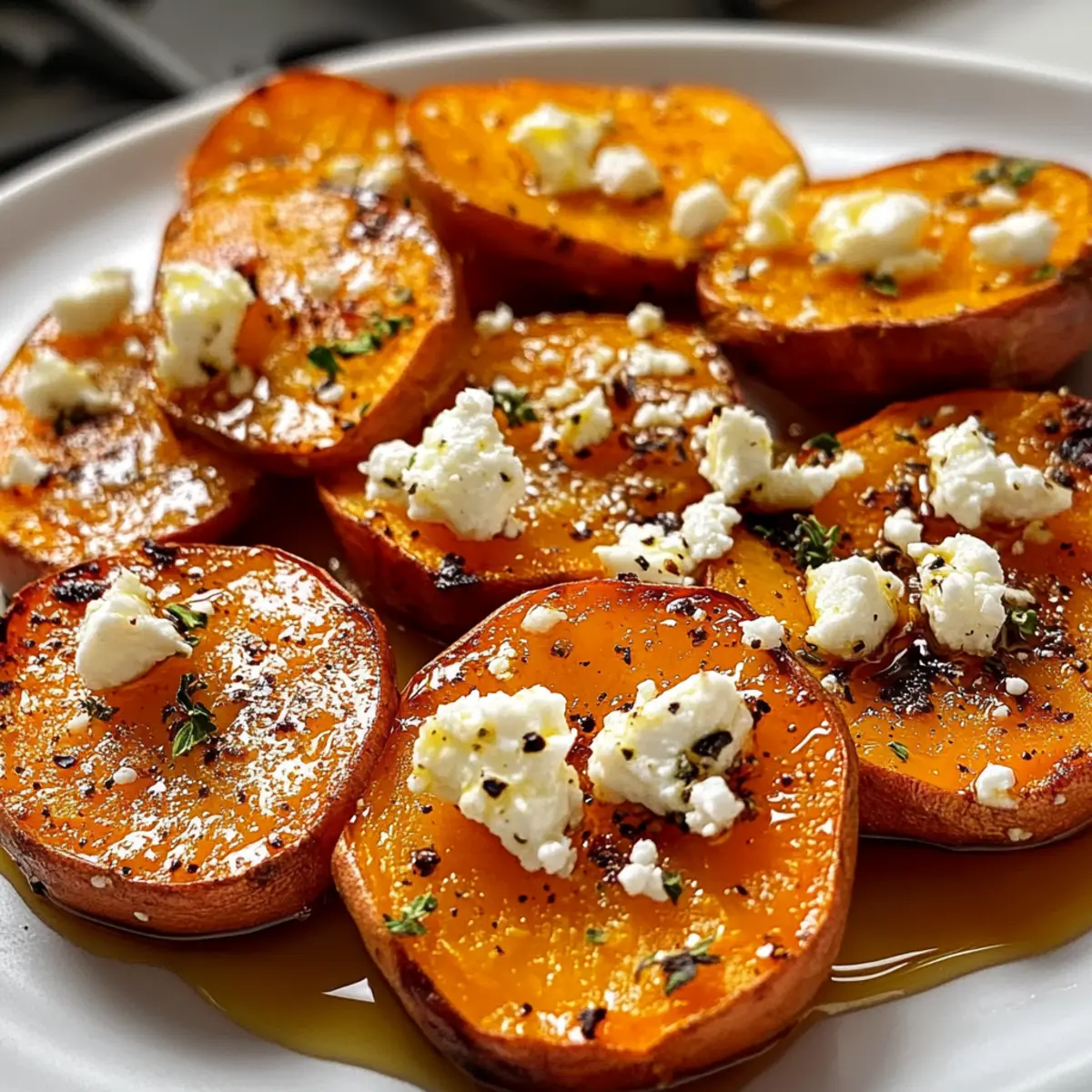 Geröstete Süßkartoffelrunden mit Honig und Feta