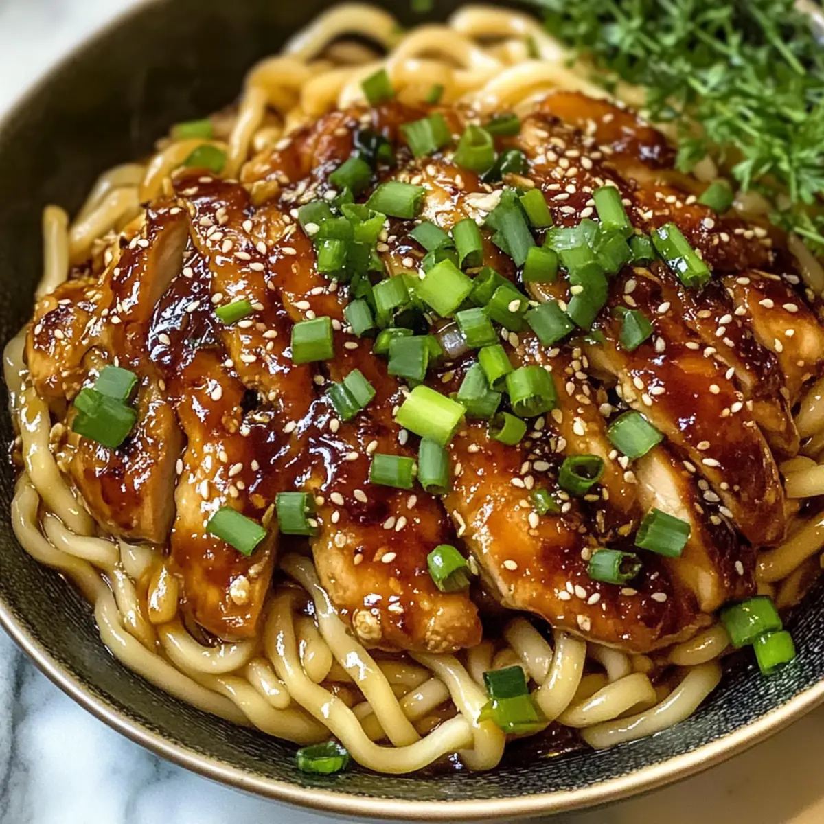 Knoblauchnudeln mit Teriyaki-Hähnchen für die Familie