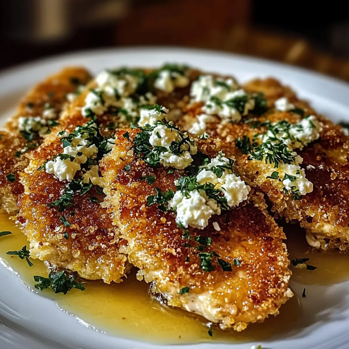 Scharfe Honig-Zitronen-Feta-Hähnchen-Schnitzel genießen