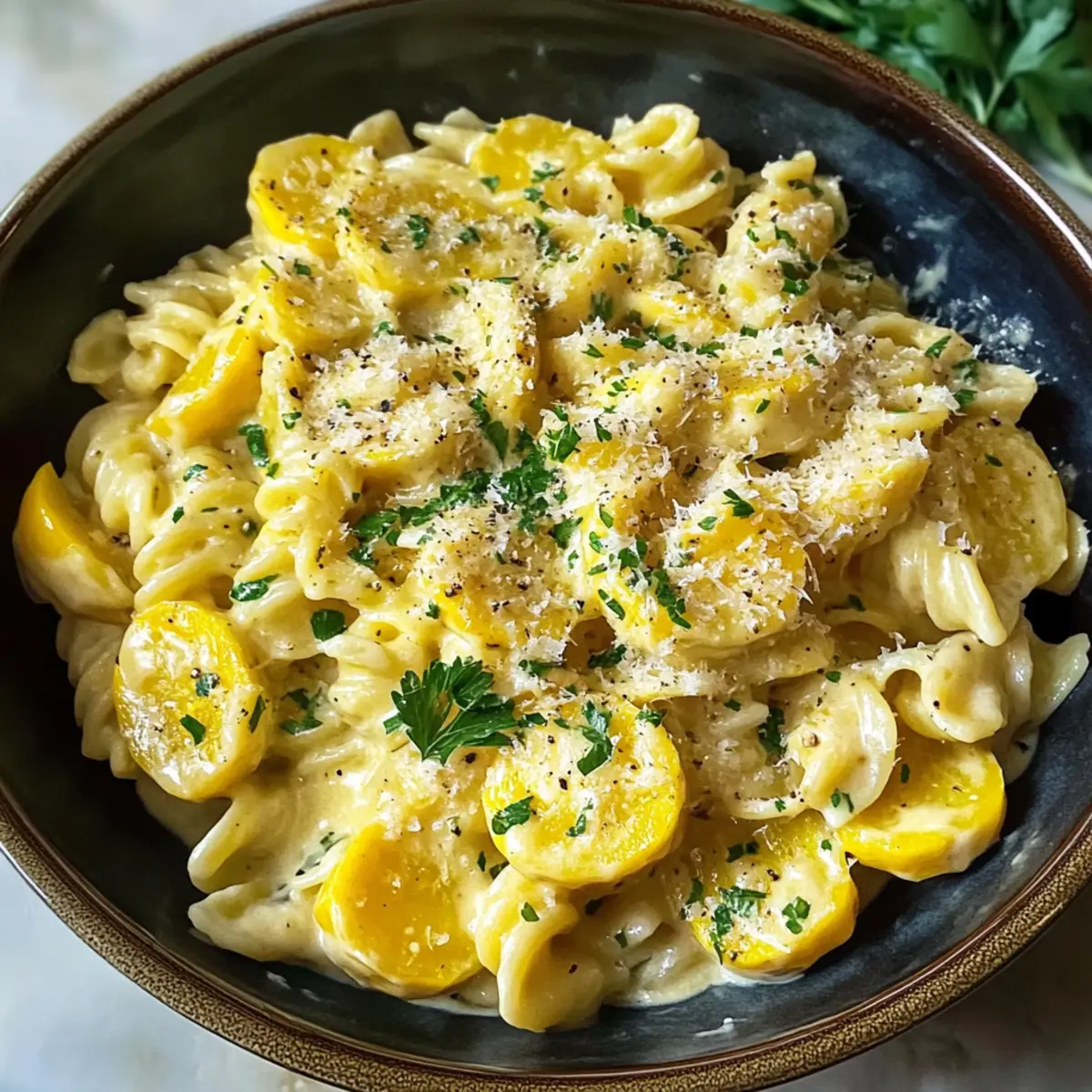 Gelbe Zucchini-Pasta in cremiger Parmesan-Sauce