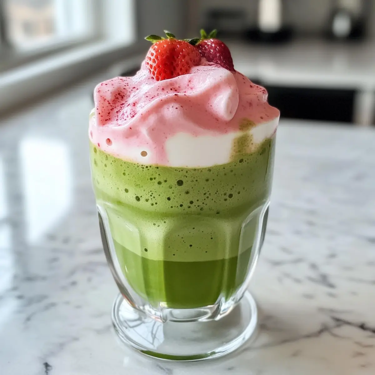 Eisiger Matcha-Latte mit Erdbeer-Kaltschaum genießen