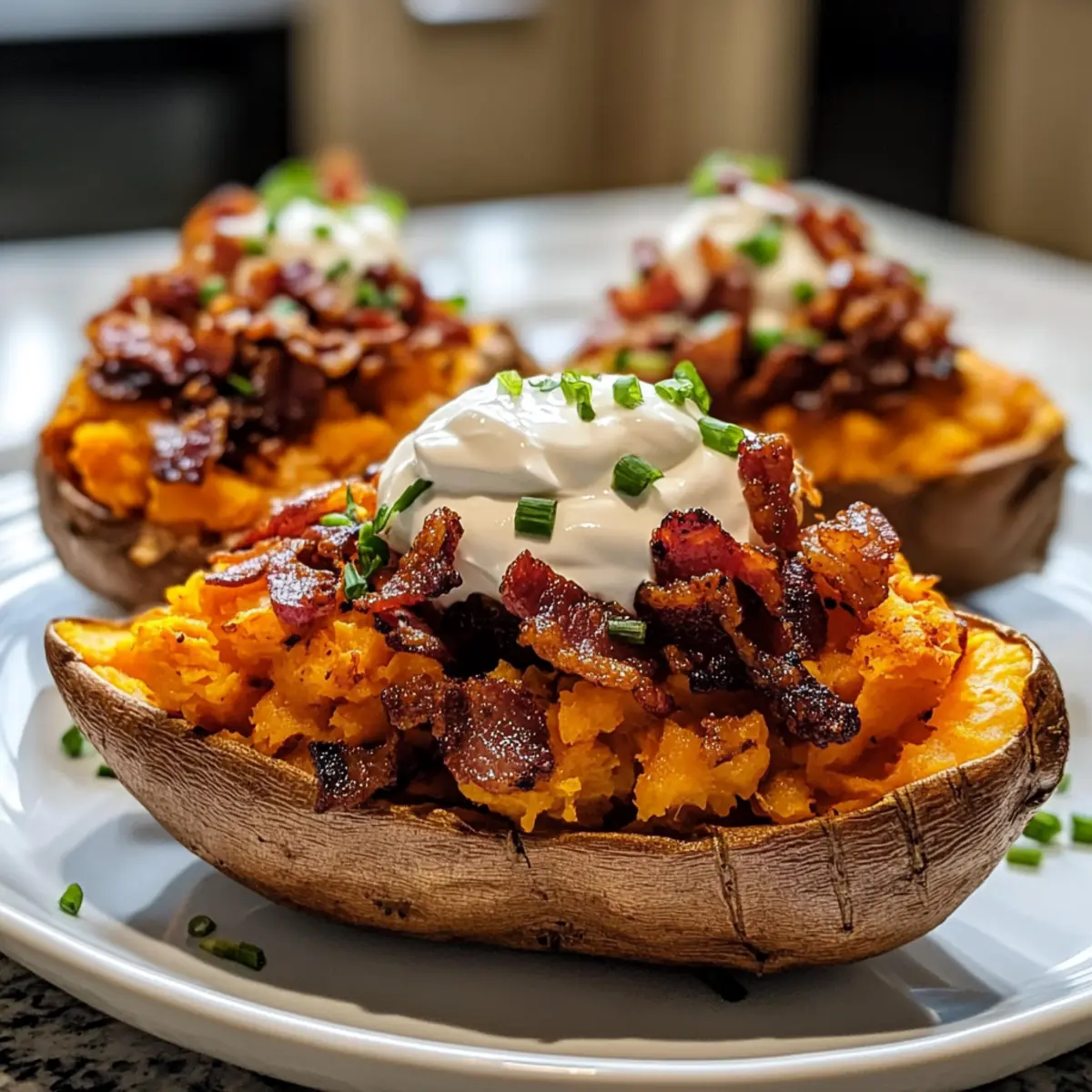 Gefüllte Süßkartoffeln mit Rinderbacon und Sauerrahm